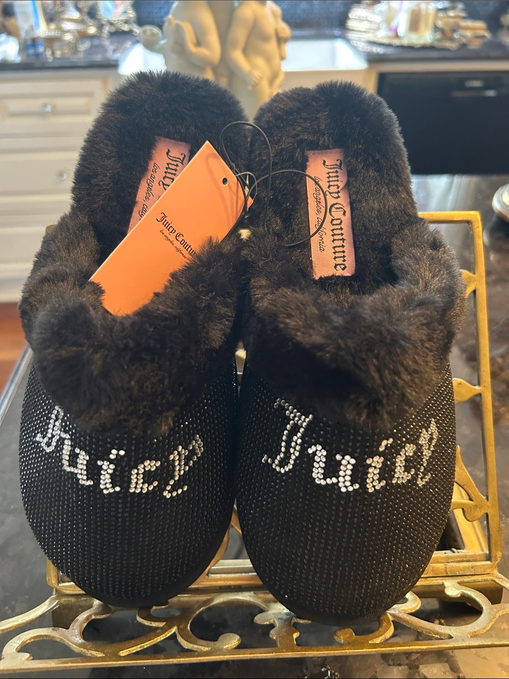 Juicy Couture Black Crystal Logo Faux-Fur Slip-On Slippers